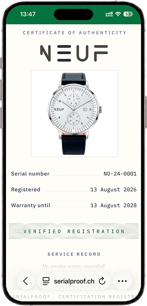SerialProof certificate viewed on a smartphone without an app