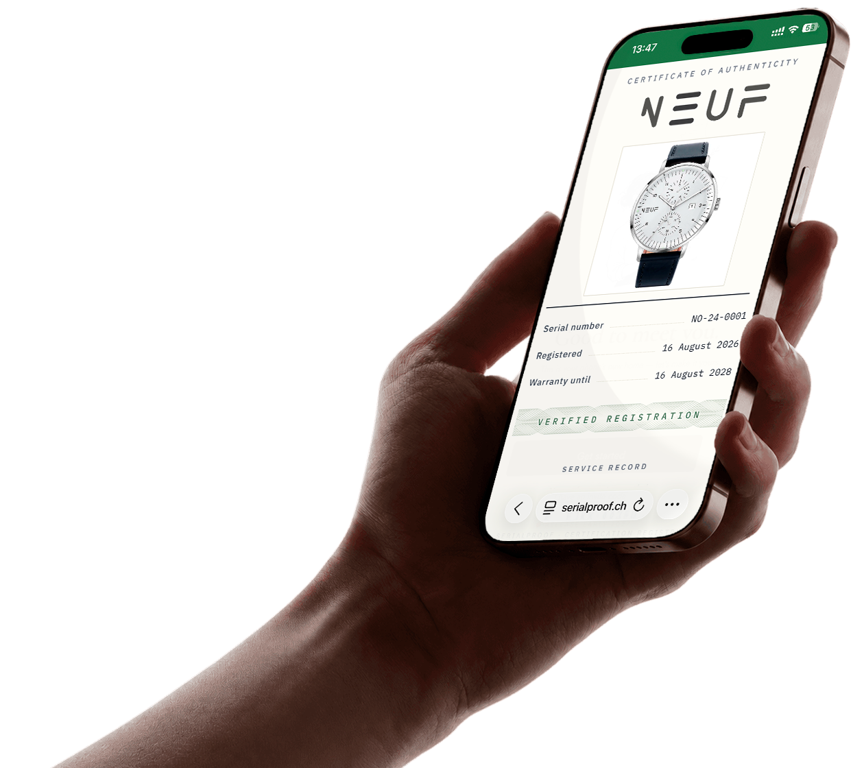 SerialProof watch certificate opened on a smartphone